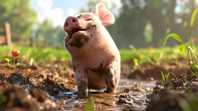 A happy piglet playing in the mud with a big smile on its face
