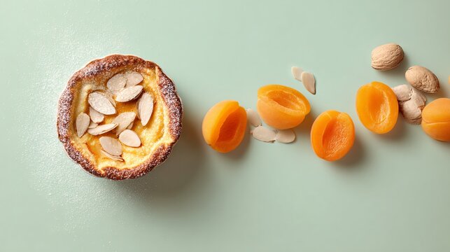 Overhead composition where apricot clafoutis sits extremely off-center on a pastel pistachio background, while a trail of apricot pits forms a loose path leading diagonally across the frame