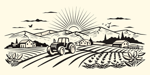 Vintage style illustration of a tractor working in a rural farmland landscape with mountains © Ranajit