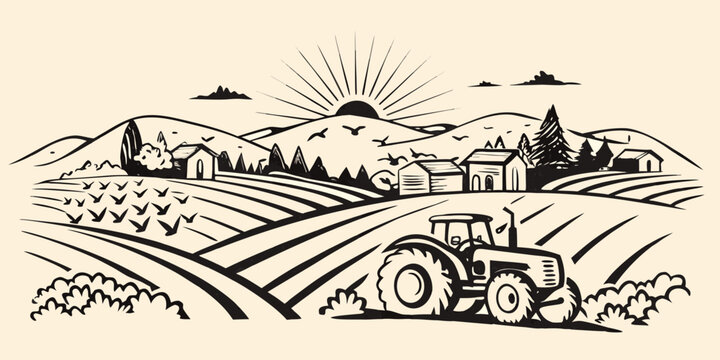 Line art illustration of a tractor working in a rural landscape with fields and distant buildings