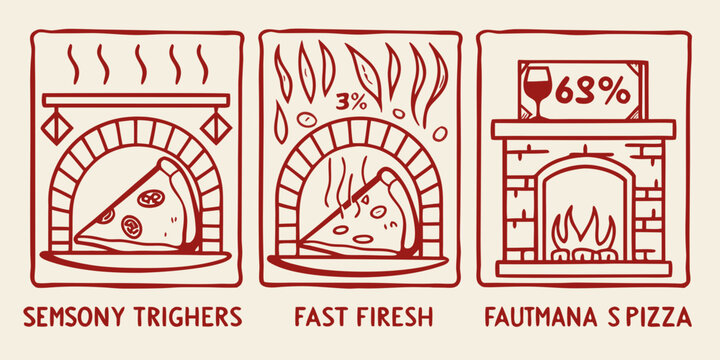 Pizza in oven illustration with steam cheese pull and percentage display hand drawn style