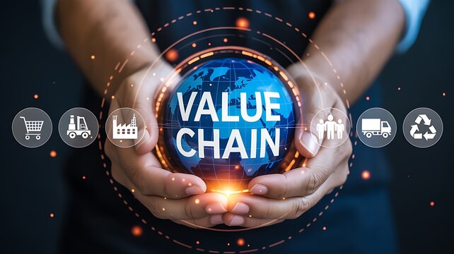 Value chain concept with interconnected business operations supply network and organizational efficiency