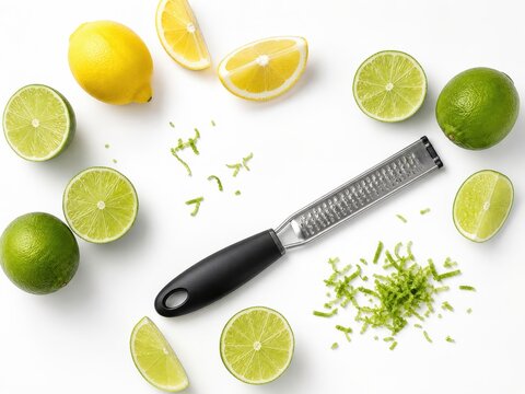 Lime zest fresh fruits and a zester tool arranged in a clean flat lay composition with sliced limes lemon wedges scattered lime zest strands and a sleek handheld zester placed neatly across the scene