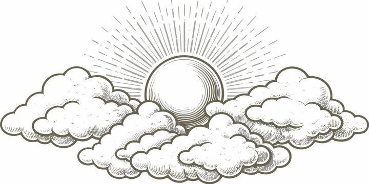 Hand drawn sun bursting through clouds vintage style sketch illustration on white background high quality