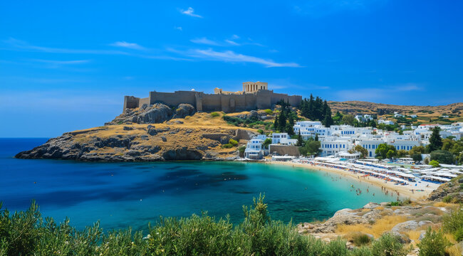 Scenic view of a coastal town with a historic fort on a sunny day.