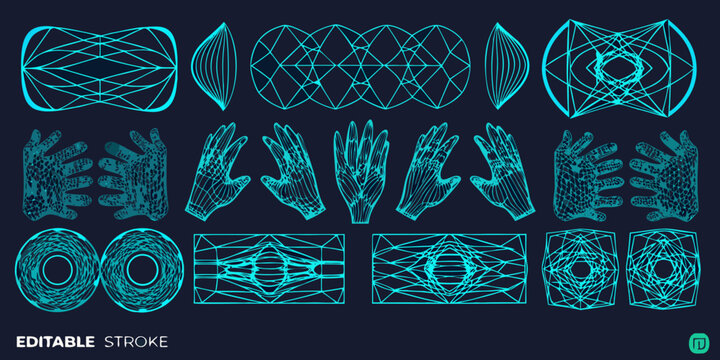 Neon blue geometric wireframe hands and shapes collection on a dark background high quality professional