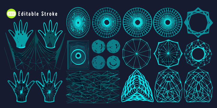 Geometric wireframe models of hands and circular shapes teal 3d vector illustration high quality professional
