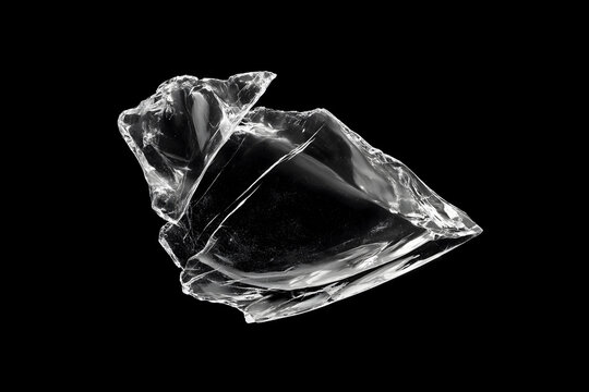 Exploding shattered glass fragment on a black background, with sharp flying pieces, radial cracks, bright reflections, and a dramatic high contrast studio look.