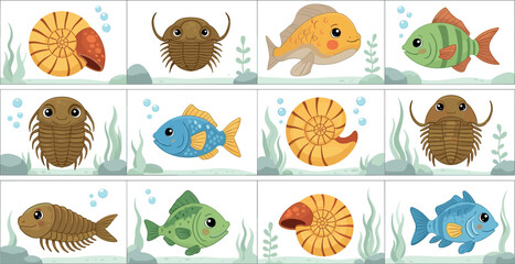Aquatic Creature Vector Set with Fish, Trilobites, Ammonite Fossils, and Underwater Plants for Children’s Illustrations, Marine Biology, and Nature Designs. © Shuvo