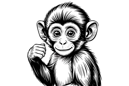 Cute baby monkey waving hand cheerfully