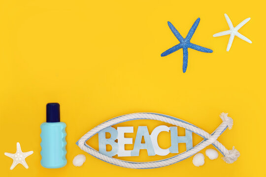 Summer fun at the beach with sign, suntan lotion  bottle, starfish and white seashells. Abstract design with symbols of the holiday season.
