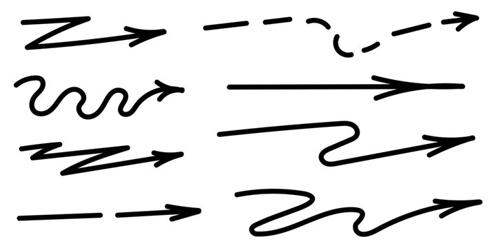 Dotted arrow icons, black dot direction symbol, dotted pointer, zig zag, curvy arrow right direction. Vector flat set arrow