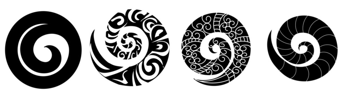 Set maori ekement koru vector flat. Polynesian style koru spiral swirls. Traditional New Zealand Maori art, minimalist style icon or logo. Vector illustration