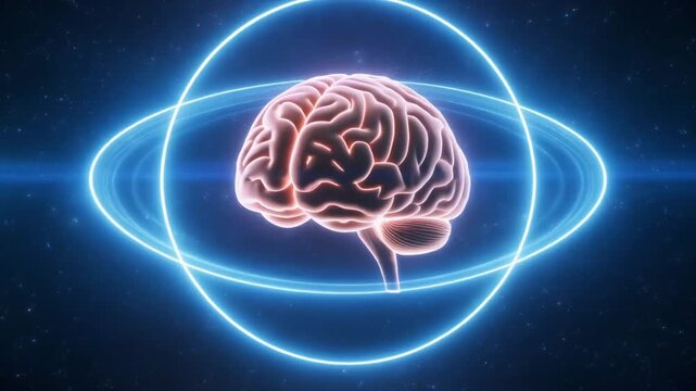 Neon pink brain encircled by luminous blue ring, symbolizing artificial intelligence, cognition, and digital thought in cosmic space.