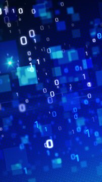  4K UHD digital animation vertical video blue tech background with glowing binary numbers 0 and 1 rising up through matrix particles