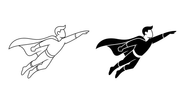 Superhero flying icon in outline and silhouette styles with superhero silhouette strength champion