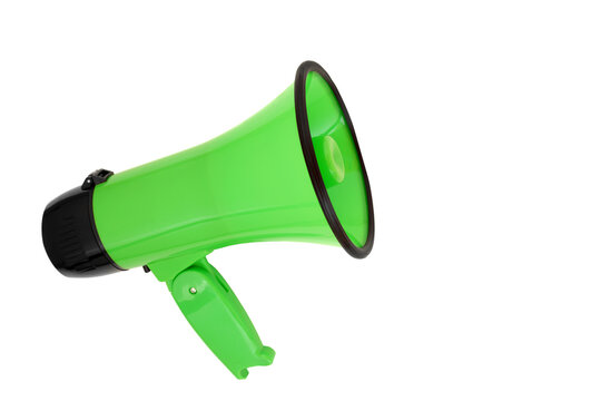 Green megaphone loudspeaker communication equipment on white background. Portable loudhailer   for information, propaganda, advertising. 
