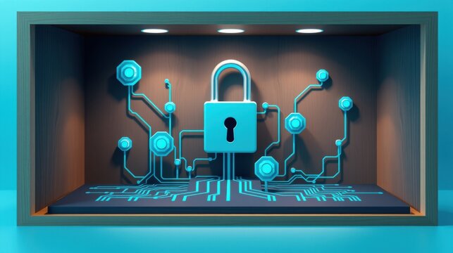 Digital padlock glows within recessed niche. Circuitry illuminates surrounding wooden structure. Security concept, modern design.