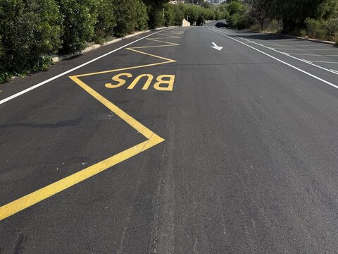 Bus stop lane marking on asphalt road featuring yellow zigzag lines and white directional arrow indicating traffic flow and parking area