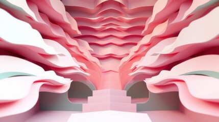 Fototapeta premium Abstract pink interior. Wavy layers create tunnel illusion. Minimalist design, soft lighting, geometric shapes dominate space.