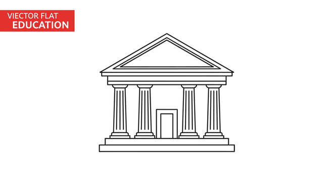 Classic Building Outline with Columns, Vector Flat Illustration, Education Concept