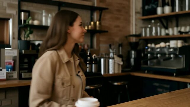 Beautiful woman customer smiling while paying for coffee with her smartphone using contactless nfc technology at a cafe counter, simplifying the process of buying and selling with modern methods
