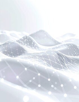 A futuristic abstract image showcases a flowing, white and silver wave-like structure interwoven with a delicate network of interconnected nodes, suggesting advanced technology and data connectivity.