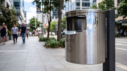 Obraz premium Close-up of a clean, empty public waste receptacle with recycling symbol on a city sidewalk