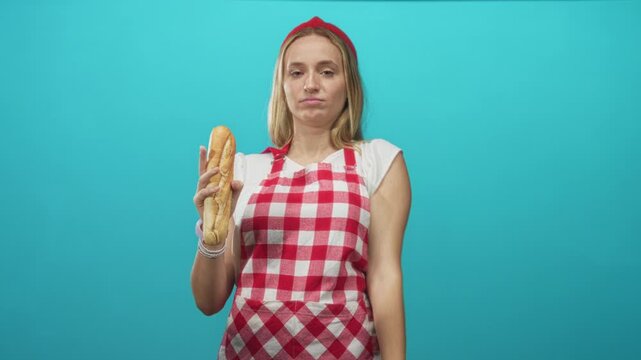 Woman chef in apron holds a baguette and flips her middle finger toward camera in studio; defiance rebellion.