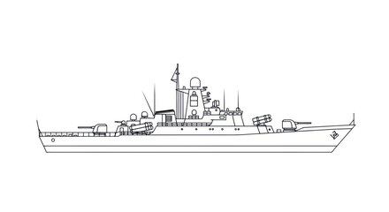 Naval warship blueprint illustration, side view, military vessel outline © heru