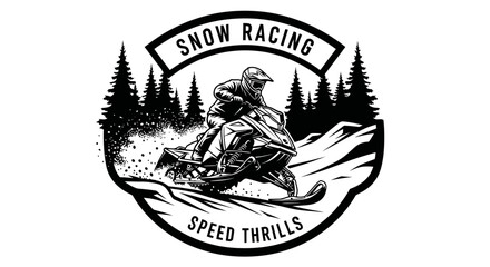 Snowmobile racing with rider, snow spray, trees, and mountains in emblem style © heru