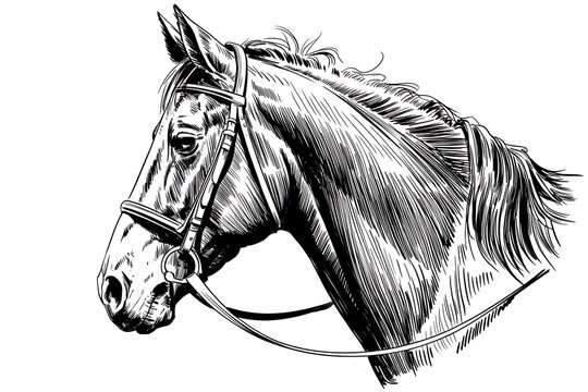 Elegant black horse with bridle and reins