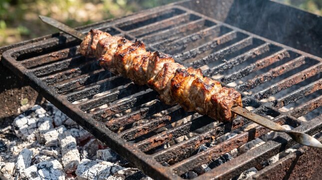 Single Skewer of Marinated Meat Grilling on Charcoal BBQ Outside. Satay kambing