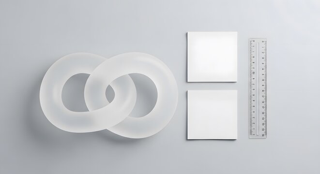 Top down view of clear plastic rings and square tiles with ruler on white desk showing architectural planning and design
