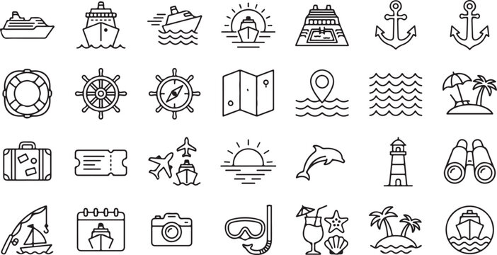 Cruise ship and ocean travel icons set, 28 nautical vacation line vector elements, summer holiday and maritime transport symbols for tourism design