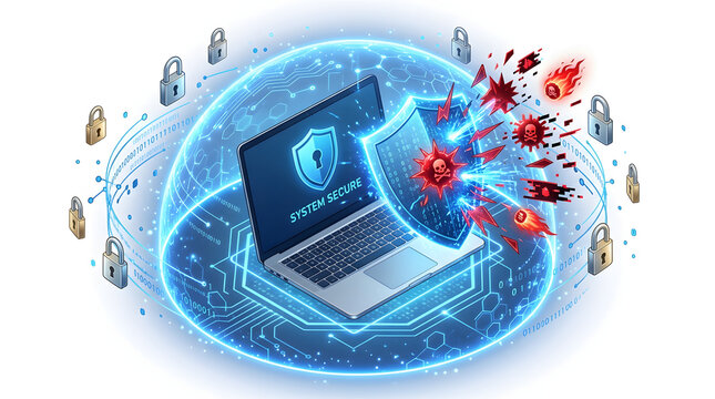 Modern laptop emitting a glowing blue force field repelling digital threats, symbolizing endpoint detection and response security