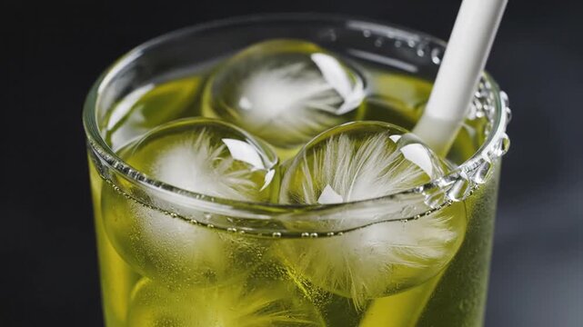Refreshing green lemonade in a glass with ice and a straw on a dark surface.