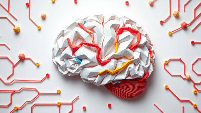 Origami brain rests upon circuit board pattern. Red lines highlight convolutions, suggesting complex thought processes. Minimalist aesthetic.