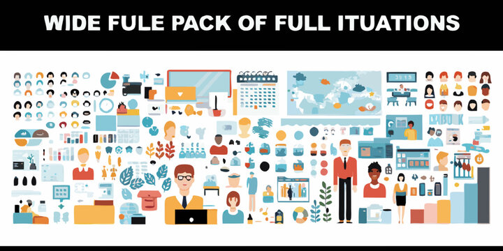 Diverse flat vector illustration pack with business people and technology icons and graphics high quality