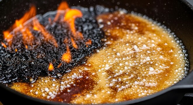 Burning food in a pan a dramatic contrast of cooked and charred ingredients