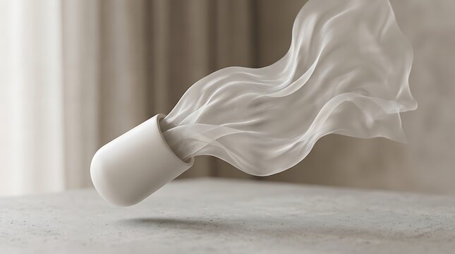 A single medical pill capsule floating in the air with soft flowing fabric silk material motion effect in a bright minimalist interior room setting