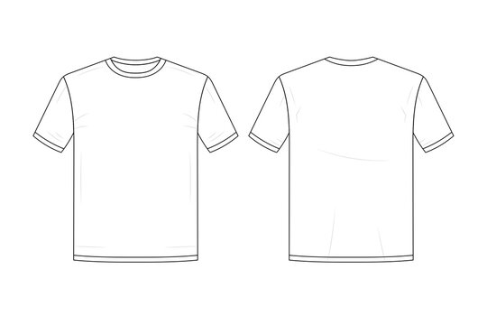Detailed front and back flat sketch illustration of a classic shortsleeved crewneck tshirt template for apparel design showcasing its basic construction lines and seam details transparent background