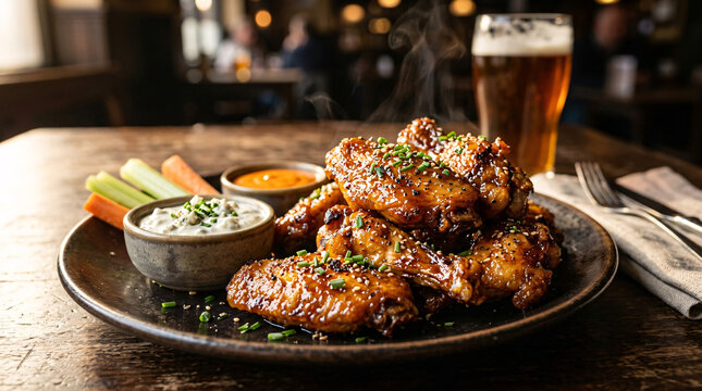 Glazed chicken wings with ranch dip vegetables and beer on rustic pub table