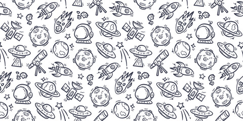 Outer space doodle background. pattern background. Space theme for kids seamless pattern. Astronaut spaceship hand drawn pattern elements with planet, moon, rocket, ufo, comet, star, satellite. © Dean