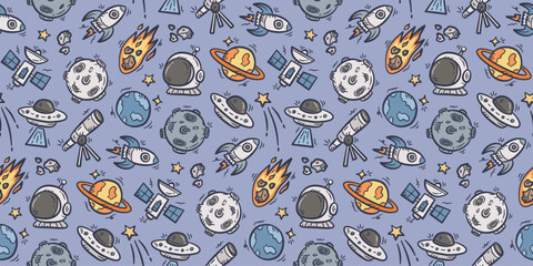 Outer space doodle background. pattern background. Space theme for kids seamless pattern. Astronaut spaceship hand drawn pattern elements with planet, moon, rocket, ufo, comet, star, satellite. © Dean