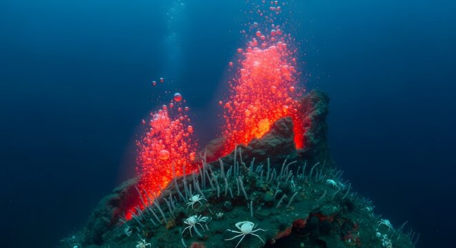 Vibrant red soft coral structures flourish in the deep blue ocean creating a stunning underwater landscape