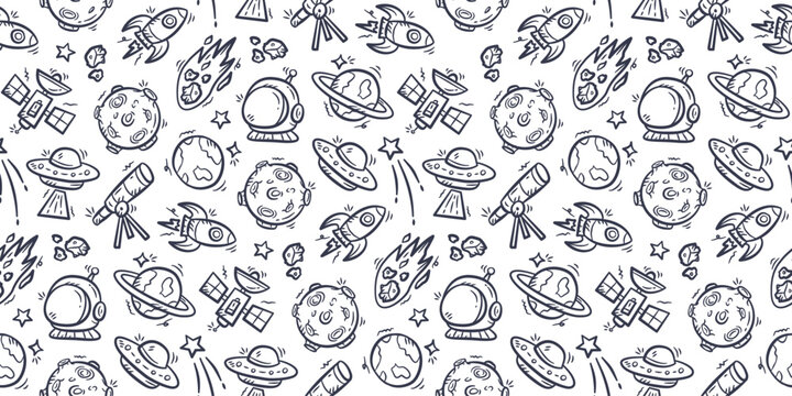 Outer space doodle background. pattern background. Space theme for kids seamless pattern. Astronaut spaceship hand drawn pattern elements with planet, moon, rocket, ufo, comet, star, satellite.