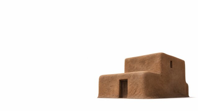 Minimalist old brown adobe clay house smooth rounded plaster texture simple solid architecture without complex windows soft diffused side lighting creating smooth gradients