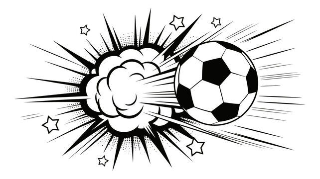 Dynamic soccer ball with comic book explosion and stars competition explosion illustration monochrome