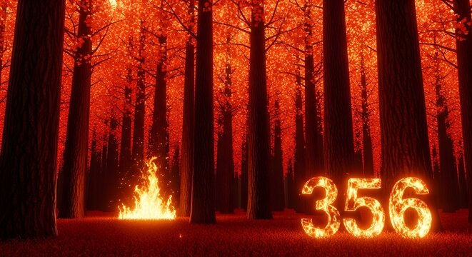Enchanting forest scene with glowing fire and number 356 a mystical woodland composition